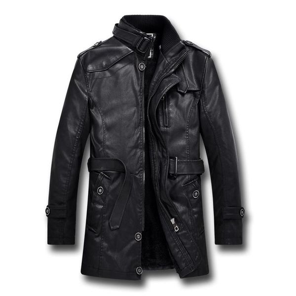 men's fur & faux 2021 winter medium long thicken warm leather biker jacket, Black