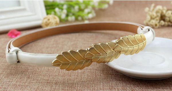 classic design female minimalist thin women's belt adjust woman fashion black bright leather belts gold leaf buckle big leaves wmtsmr, Black;brown