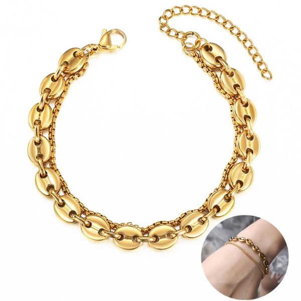 double layered chain bracelet for women gold stainless steel coffee beans box link elegant chic wrist jewelry adjustable db310, Black
double layered chain bracelet for women gold stainless steel coffee beans box link elegant chic wrist jewelry adjustable db310, Black