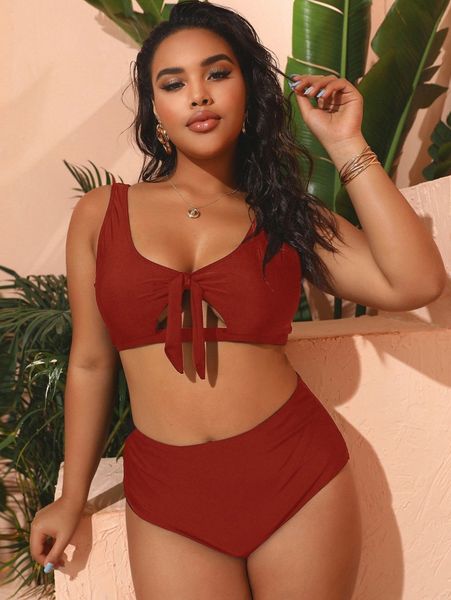 plus cut-out knot front bikini swimsuit o09u#, Black 
plus cut-out knot front bikini swimsuit o09u#, Black