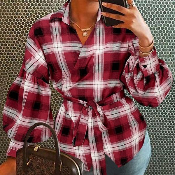 women's blouses & shirts lantern sleeve plaid asymmetrical shirt with belt waist fashion elegant blouse women 2021 casual work streetwe, White
women's blouses & shirts lantern sleeve plaid asymmetrical shirt with belt waist fashion elegant blouse women 2021 casual work streetwe, White