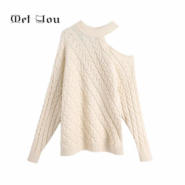 2020 women'sautumn and winter hollow design eight-strand knitted sweater fashion long-sleeved off-shoulder o-neck sweater met060, White;black