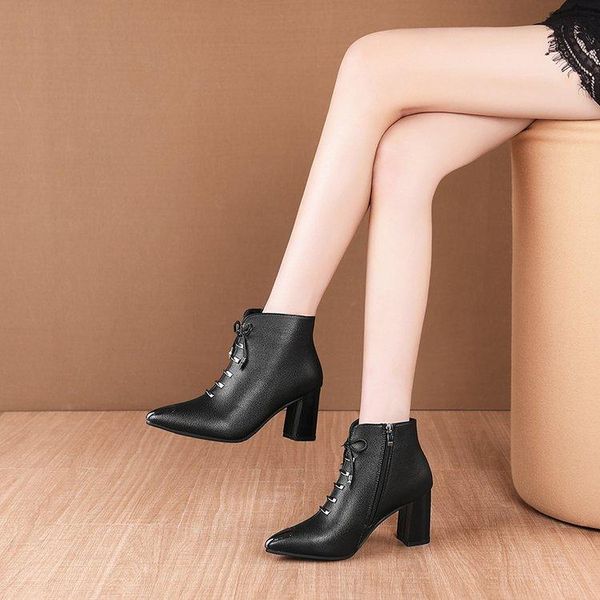 autumn women's boots pointe shoes bling bling boots-women winter footwear zipper leather booties pointy, Black