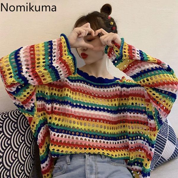 women's sweaters nomikuma rainbow color striped pullovers o neck long sleeve hollow out casual jumpers korean fashion thin sweater wome, White;black
women's sweaters nomikuma rainbow color striped pullovers o neck long sleeve hollow out casual jumpers korean fashion thin sweater wome, White;black