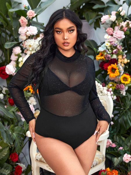 sxy plus mock neck mesh bodysuit without bra w9f4#, Black