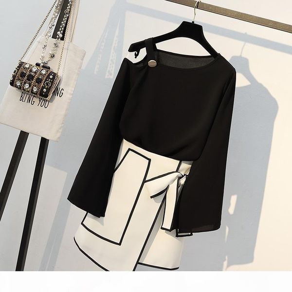 2019 autumn women slash off shoulder long t shirt & elegant irregular hem skirt suits fashion female office work plus size sets y200110, White
2019 autumn women slash off shoulder long t shirt & elegant irregular hem skirt suits fashion female office work plus size sets y200110, White