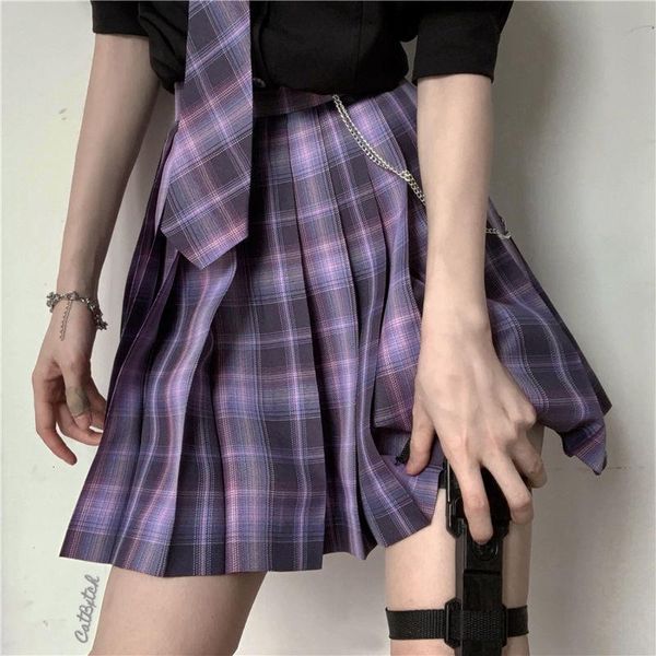 women purple black gothic pleated plaid skirt summer high waist harajuku japanese students clothes cute mini skirts cosplay
