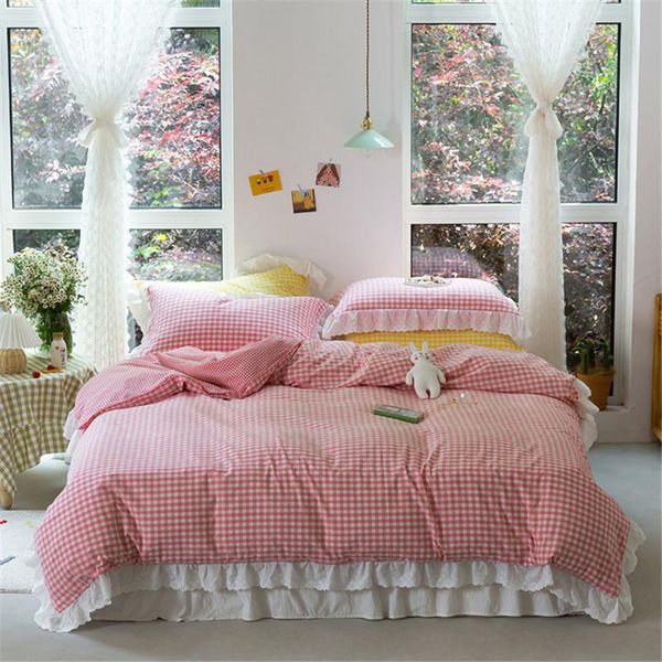 3/4pc vintage washed cotton bedding fitted sheets elastic rubber girls pink plaid quilt covers pillowcases lace bed linen single
3/4pc vintage washed cotton bedding fitted sheets elastic rubber girls pink plaid quilt covers pillowcases lace bed linen single