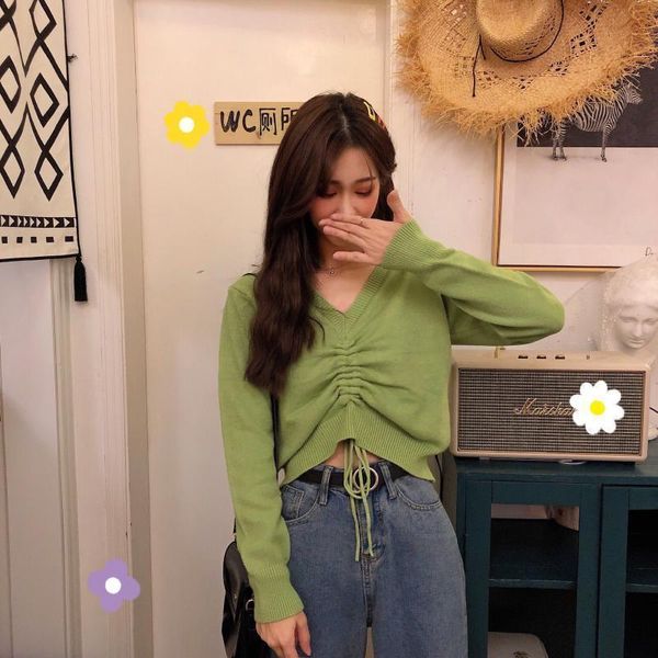 autumn womens avocado green pullover sweater v neck drawstring tied bandwidth loose sweater short knit solid woman gd103, White;black
autumn womens avocado green pullover sweater v neck drawstring tied bandwidth loose sweater short knit solid woman gd103, White;black