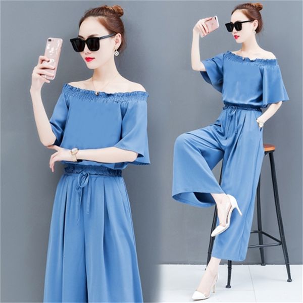 female goddess two-piece clothes summer leg wide slacks slash neck pants femme deux all parts utvn, White
female goddess two-piece clothes summer leg wide slacks slash neck pants femme deux all parts utvn, White