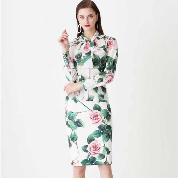 women runway twinsets bow collar long sleeves floral printed shirt with pencil skirt two piece sets, White 
women runway twinsets bow collar long sleeves floral printed shirt with pencil skirt two piece sets, White