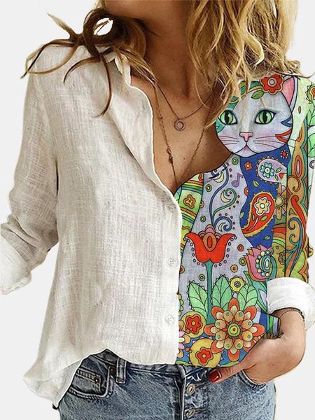 fashion stitching retro cat print long sleeve blouse spring autumn lapel button casual lady plus size cotton polyester shirt, White
fashion stitching retro cat print long sleeve blouse spring autumn lapel button casual lady plus size cotton polyester shirt, White