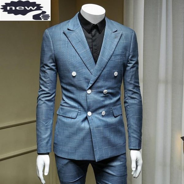 men's suits & blazers office business formal mens set double breasted blazer slim fit pencil pants classic plaid blue groom dress suit, White;black
men's suits & blazers office business formal mens set double breasted blazer slim fit pencil pants classic plaid blue groom dress suit, White;black