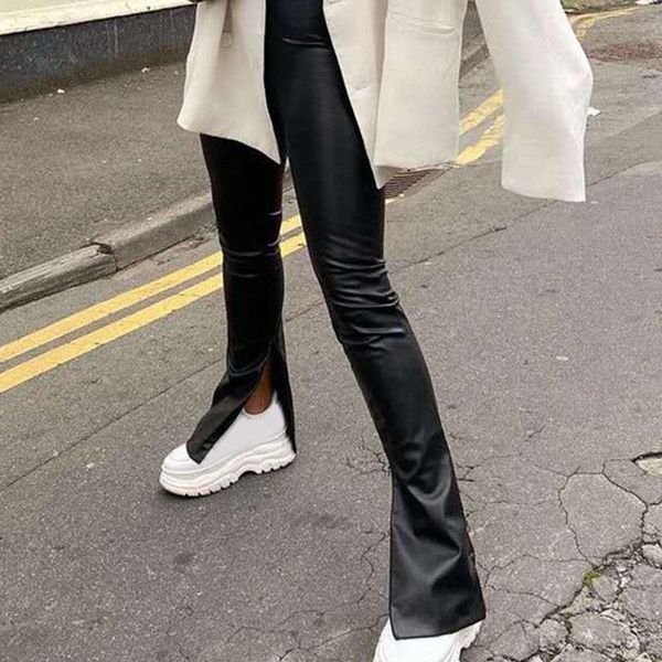 women side slit faux leather flare pants high waist bell-bottom trousers, Black;white
women side slit faux leather flare pants high waist bell-bottom trousers, Black;white