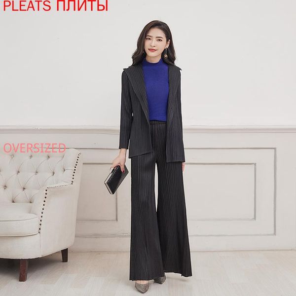 women's two piece pants fashion miyake pleated european and american autumn winter long sleeve suit collar professional for women, White
women's two piece pants fashion miyake pleated european and american autumn winter long sleeve suit collar professional for women, White