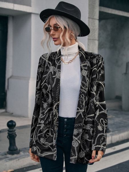 random chain print lapel neck blazer 64ic#, White;black