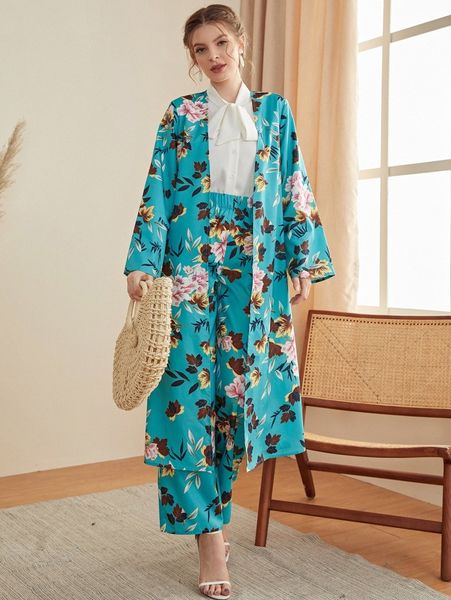 floral print open front coat & pants q0q0#, White