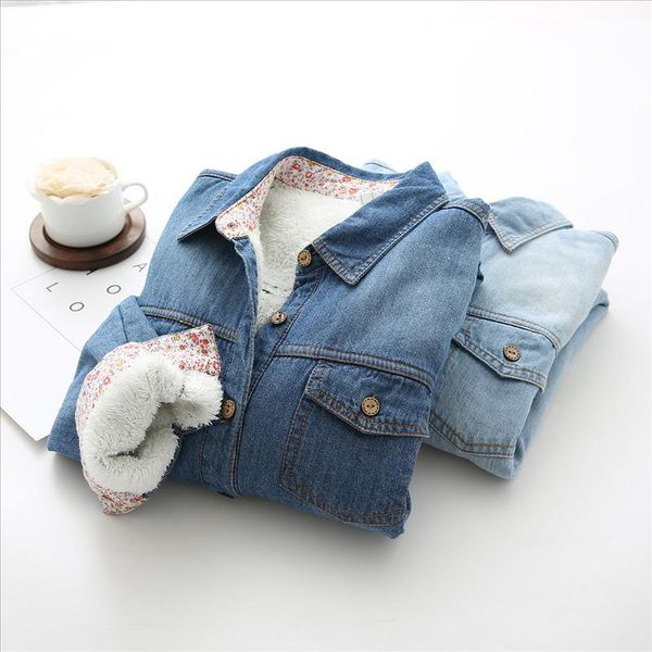 women warm winter plus velet denim shirts korean classic blue thick long sleeve jeans blouse turn down collar basic blusa, White 
women warm winter plus velet denim shirts korean classic blue thick long sleeve jeans blouse turn down collar basic blusa, White
