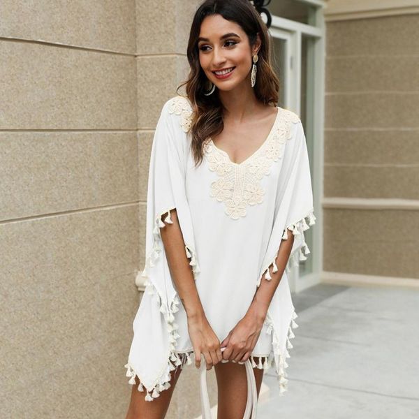 women's blouses & shirts feitong elegant blouse women pom trim kaftan chiffon tassels swimwear beach loose bikini cover up ladies, White
women's blouses & shirts feitong elegant blouse women pom trim kaftan chiffon tassels swimwear beach loose bikini cover up ladies, White