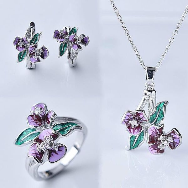 fashion jewelry set for women exquisite purple enamel flower ring earrings pendant necklace engagement wedding jewelry sets, Silver
fashion jewelry set for women exquisite purple enamel flower ring earrings pendant necklace engagement wedding jewelry sets, Silver