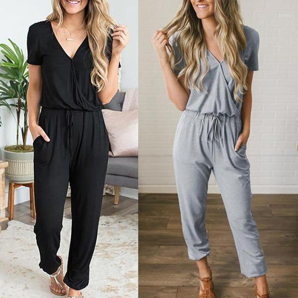 v neck solid lace up pocket slim jumpsuit women summer short sleeve long overall female sport romper casual cotton bodysuit1, Black;white
v neck solid lace up pocket slim jumpsuit women summer short sleeve long overall female sport romper casual cotton bodysuit1, Black;white