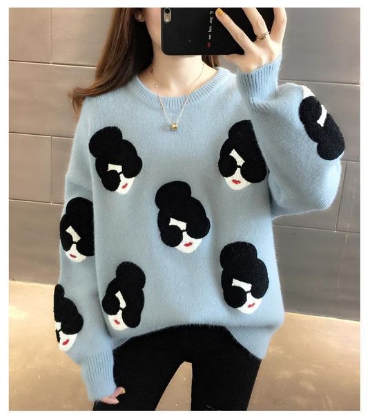 2021 autumn winter women fashion girl cartoon pattern o neck knitted sweater loose female pullovers warm school ladies, White;black
2021 autumn winter women fashion girl cartoon pattern o neck knitted sweater loose female pullovers warm school ladies, White;black