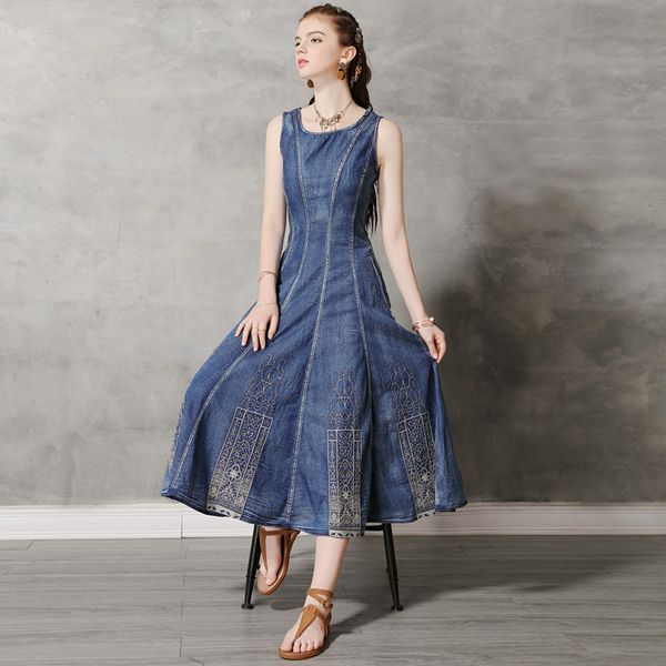 women's 2020 summer new round neck vest long skirt embroidery slim fitting denim dress dz301
women's 2020 summer new round neck vest long skirt embroidery slim fitting denim dress dz301