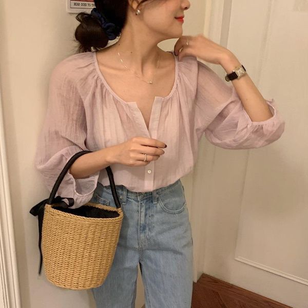 women summer sweet translucent thin v neck cozy blouse single breasted loose sunproof shirt cool raglan sleeve 2021, White
women summer sweet translucent thin v neck cozy blouse single breasted loose sunproof shirt cool raglan sleeve 2021, White