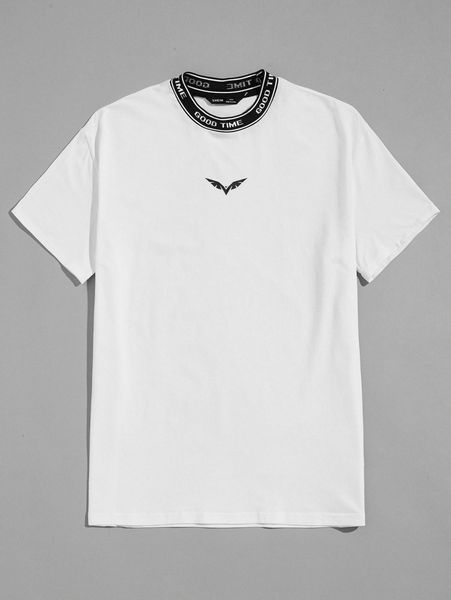 men graphic print slogan tape neck m7nh#, White;black 
men graphic print slogan tape neck m7nh#, White;black