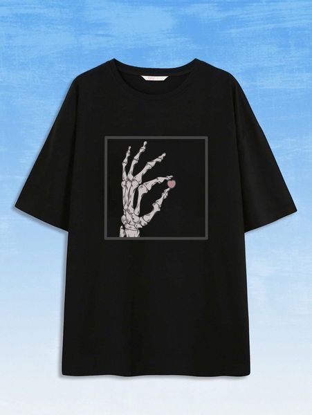 romwe x l'amour morbide skeleton graphic tee f6ol#, White