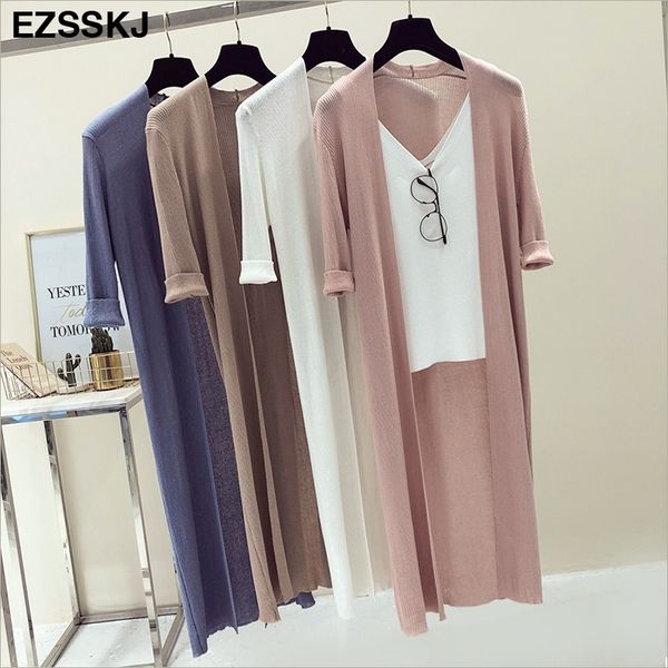 knit long cardigan women spring summer v neck solid sweater thin coat women casual cardigans 3/4 sleeve jacket coat y200720, White;black
knit long cardigan women spring summer v neck solid sweater thin coat women casual cardigans 3/4 sleeve jacket coat y200720, White;black