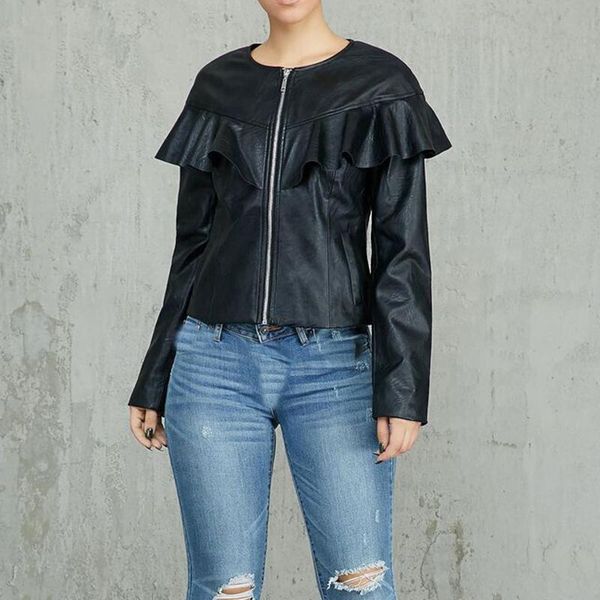 black pu leather jackets coats long sleeve ruffles autumn winter women's basic jackets streetwear zipper, Black;brown
black pu leather jackets coats long sleeve ruffles autumn winter women's basic jackets streetwear zipper, Black;brown
