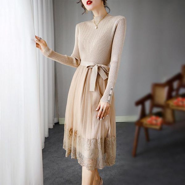 casual dresses elegant pure color dress women lace mesh patchwork sweater knitted designer korean style office lady sweet vestidos robe, Black;gray
casual dresses elegant pure color dress women lace mesh patchwork sweater knitted designer korean style office lady sweet vestidos robe, Black;gray