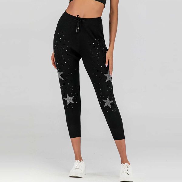 and slim summer fashion five point pearl casual pants women's elastic capris, Black