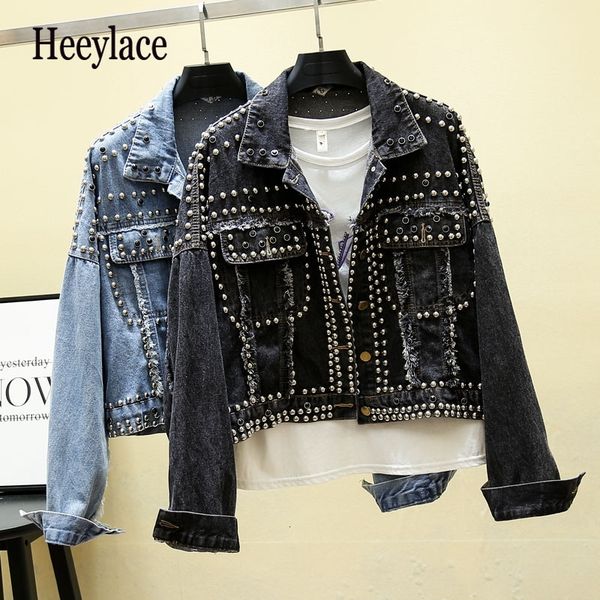 14 styles hand studded rivet denim jacket women loose short jackets ladies jeans jacket basic coats streetwear y200101, Black;brown
14 styles hand studded rivet denim jacket women loose short jackets ladies jeans jacket basic coats streetwear y200101, Black;brown