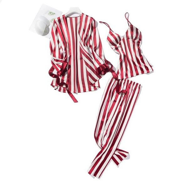 cute stripe women pajamas sets silk sleepwear suit 3 pcs nightdress + robe + pants satin night home wear pyjama femme y200425, Black;red
cute stripe women pajamas sets silk sleepwear suit 3 pcs nightdress + robe + pants satin night home wear pyjama femme y200425, Black;red