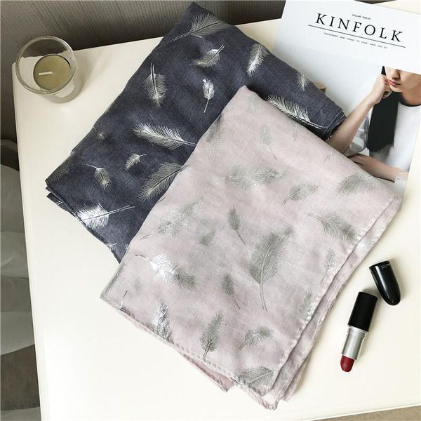 scarves fashion cotton and linen scarf feather print sunscreen elegant shawl gilded plain bandana, Blue;gray 
scarves fashion cotton and linen scarf feather print sunscreen elegant shawl gilded plain bandana, Blue;gray