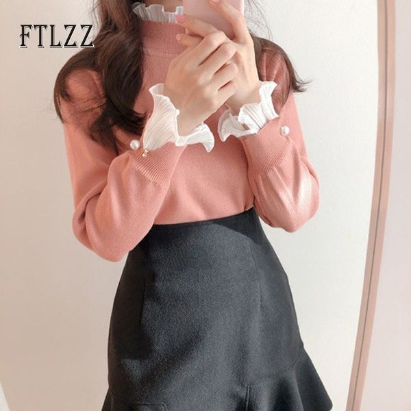 women sweet sweater spring autumn slim long sleeve patchwork lotus leaf edge knitted pullover ladies fashion pink sweaters y200720, White;black
women sweet sweater spring autumn slim long sleeve patchwork lotus leaf edge knitted pullover ladies fashion pink sweaters y200720, White;black