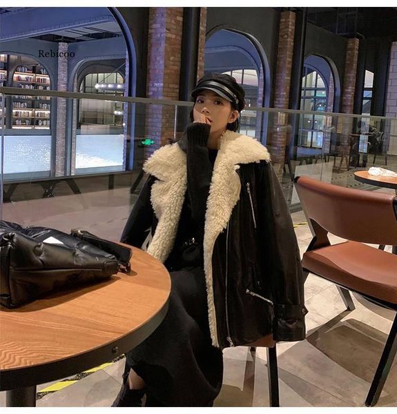 women's fur & faux autumn winter temperament turn down collar coats zipper with belt vintage women loose lamb hair pu thick outwears, Black
women's fur & faux autumn winter temperament turn down collar coats zipper with belt vintage women loose lamb hair pu thick outwears, Black
