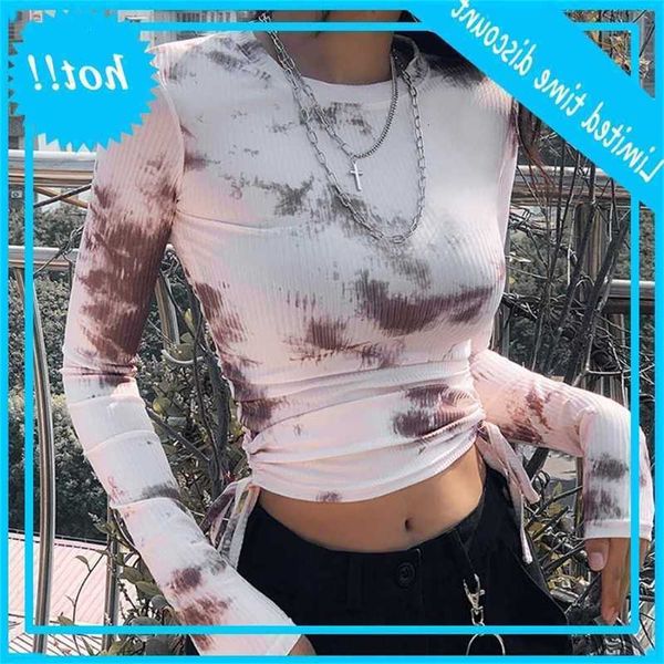 women with long mouwen o-neck t-shirt gradient tie-dye printed bodycon crop side backpacks track cord