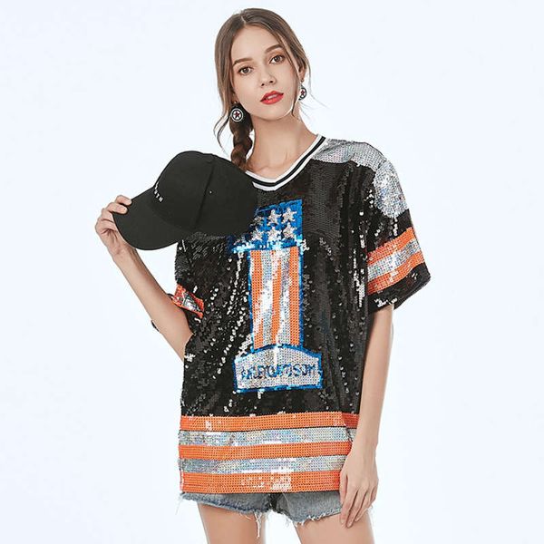 new loose digital 1 stripe star show costume medium length sequin t-shirt for women, Black;gray
new loose digital 1 stripe star show costume medium length sequin t-shirt for women, Black;gray
