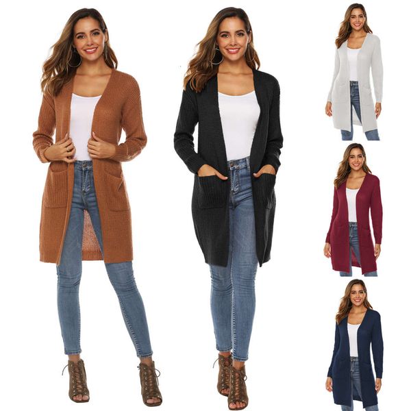 autumn and winter solid color big pocket sweater cardigan medium length coat women's 190777, White;black
autumn and winter solid color big pocket sweater cardigan medium length coat women's 190777, White;black