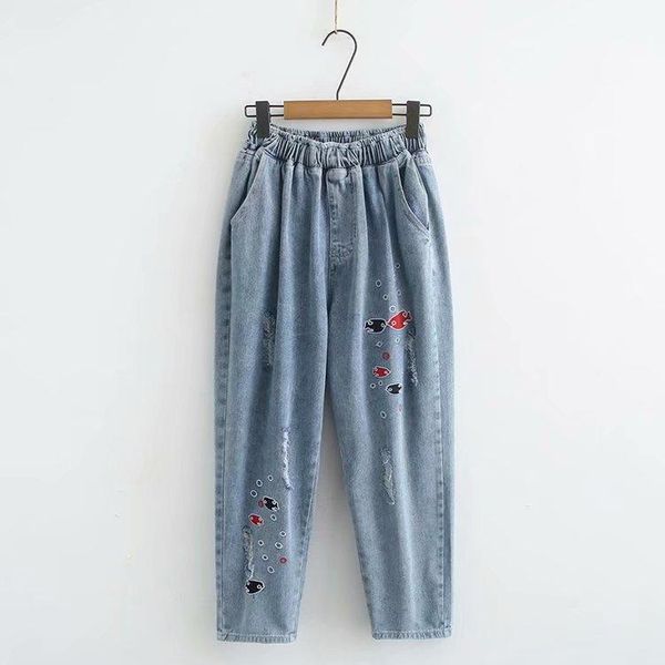 plus size casual harem jeans 2019 autumn women fashion loose small fish embroidered denim ankle-length pants s68-1411, Blue 
plus size casual harem jeans 2019 autumn women fashion loose small fish embroidered denim ankle-length pants s68-1411, Blue