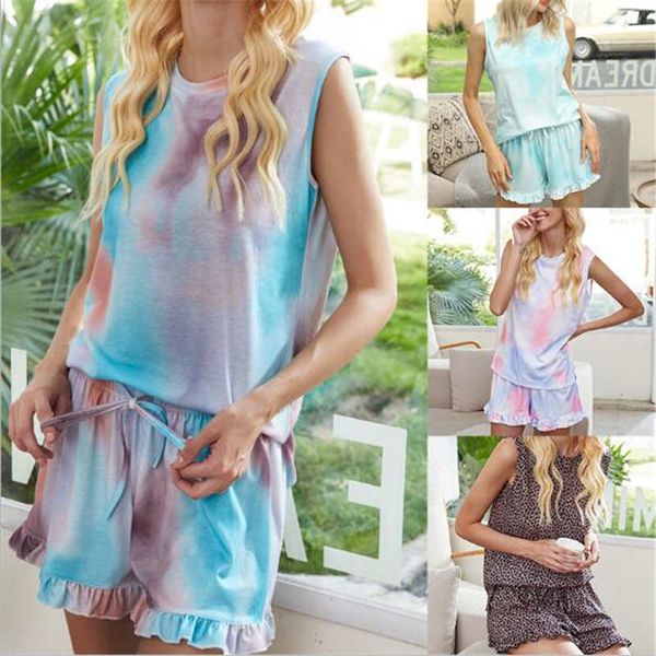 20 summer printed tie-dye leopard print pajamas sleeveless gradient color two-piece home service suit, White
20 summer printed tie-dye leopard print pajamas sleeveless gradient color two-piece home service suit, White