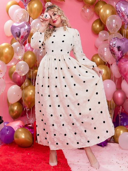 plus polka dot embroidered lantern sleeve fuzzy dress m1kq#, Black