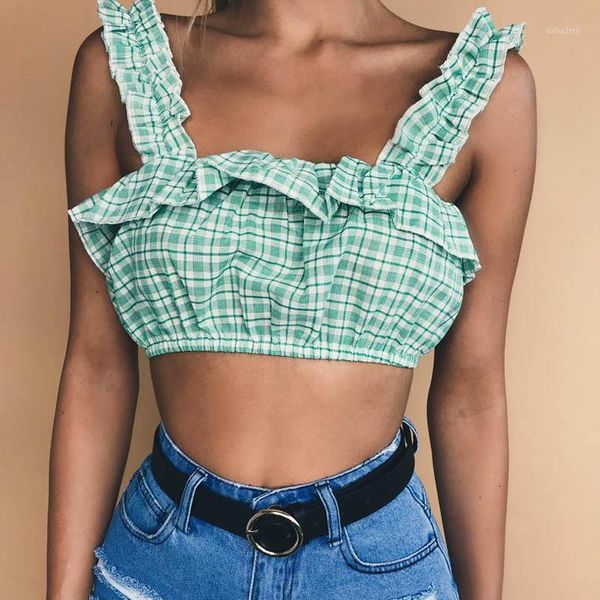 high women ruffles plaid crop cami strap summer beach travel cropped dsm1, White
high women ruffles plaid crop cami strap summer beach travel cropped dsm1, White