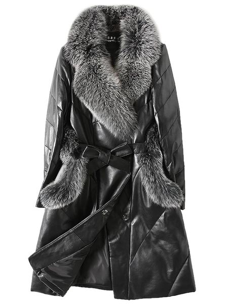 women's leather & faux genuine long winter sheepskin jacket, coat with fur collar, duck down jackets, Black
women's leather & faux genuine long winter sheepskin jacket, coat with fur collar, duck down jackets, Black