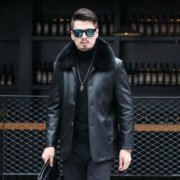 men's leather & faux down jacket medium and long thick fur collar coat winter middle aged casual sheep, Black
men's leather & faux down jacket medium and long thick fur collar coat winter middle aged casual sheep, Black
