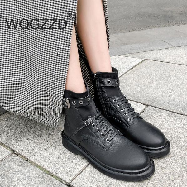2020 british style winter boots women's shoes genuine leather street rivets metal fasteners lace up punk motorcycle boots, Black
2020 british style winter boots women's shoes genuine leather street rivets metal fasteners lace up punk motorcycle boots, Black