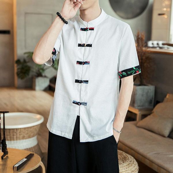 #0521 black white cotton linen shirt men stand collar chinese style casual retro short sleeve shirt regular fit 5xl, White;black
#0521 black white cotton linen shirt men stand collar chinese style casual retro short sleeve shirt regular fit 5xl, White;black